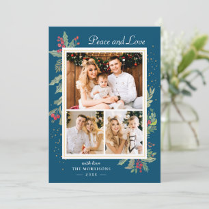 Cartes Pour Fêtes Annuelles Hiver Blue Peace and Love Holly Berries 3 Photo