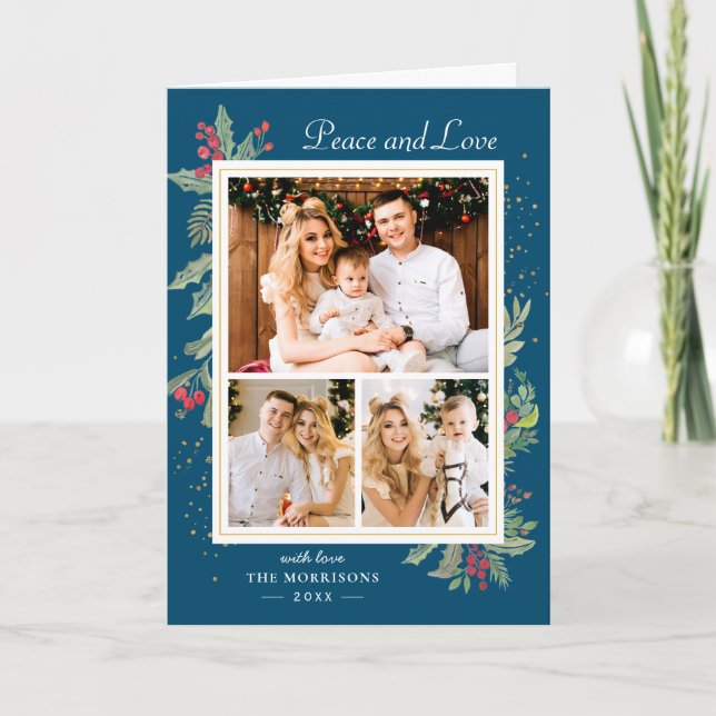 Cartes Pour Fêtes Annuelles Hiver Blue Peace and Love Holly Berries 3 Photo (Devant)