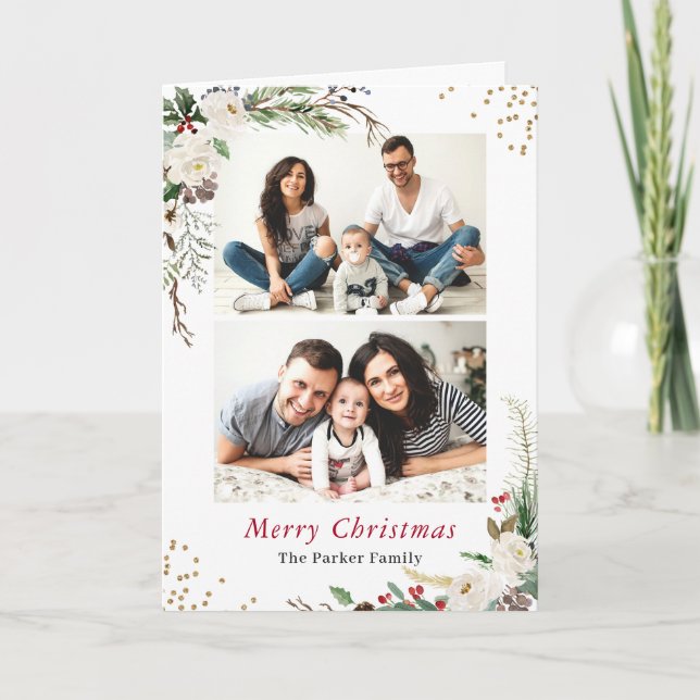 Cartes Pour Fêtes Annuelles Hiver Botanical 2 Photos Collage de voeux pliés (Devant)
