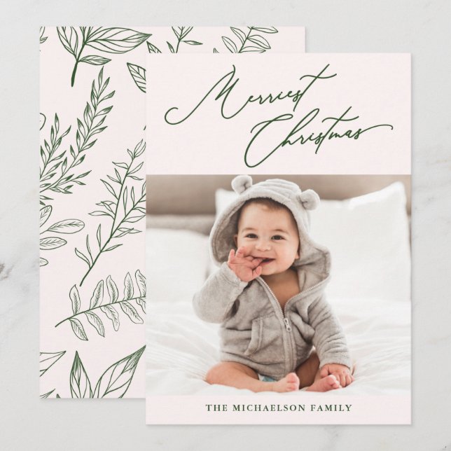 Cartes Pour Fêtes Annuelles Hiver Botanique rose Merriest Photo de Noël (Devant / Derrière)
