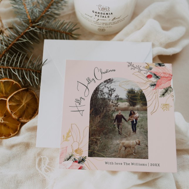 Cartes Pour Fêtes Annuelles Hiver Floral Rose Holly Jolly Noël Une photo (Créateur téléchargé)