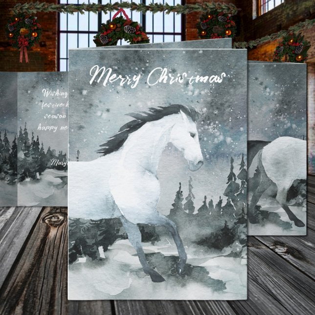 Cartes Pour Fêtes Annuelles Hiver Forêt de bois Cheval blanc Joyeux Noël (Winter Woodland Forest White Horse Merry Christmas Holiday Card. Edit this text front & inside card.)