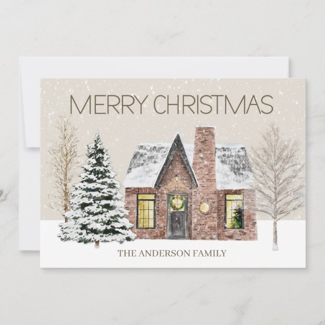 Cartes Pour Fêtes Annuelles Hiver Neige Maison Pine Arbre Joyeux Noël (Devant)