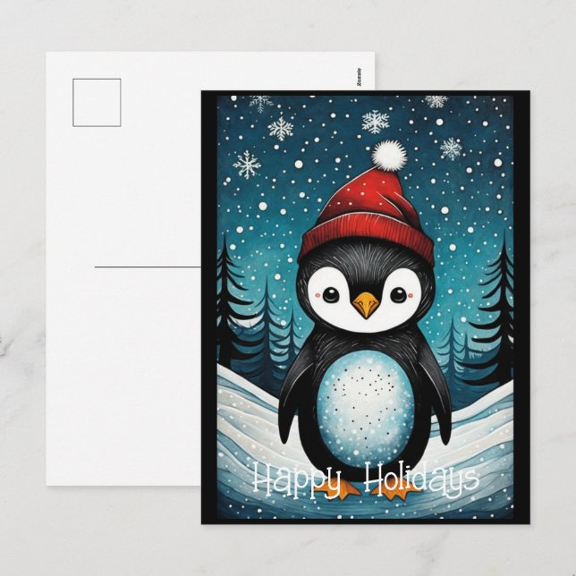 Cartes Pour Fêtes Annuelles Hiver neige Père Noël Penguin Noël (Devant / Derrière)
