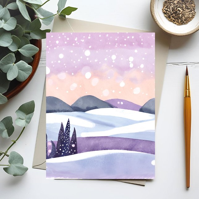 Cartes Pour Fêtes Annuelles Hiver Purple Hills Aquarelle (Créateur téléchargé)
