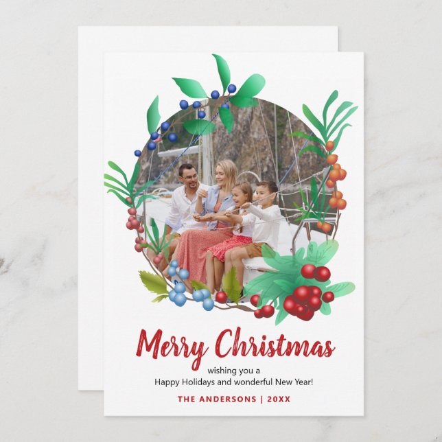 Cartes Pour Fêtes Annuelles Hiver Red Berries Wreath Photo Noël (Devant / Derrière)