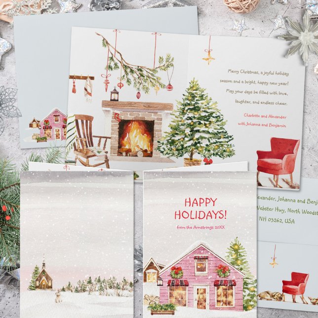Cartes Pour Fêtes Annuelles Hiver rose Village Aquarelle Chaton Noël Cozy (Pink Winter Village Watercolor Cozy Cat Christmas Holiday Card ©Susanne Sachers - Sunny Mind Design )