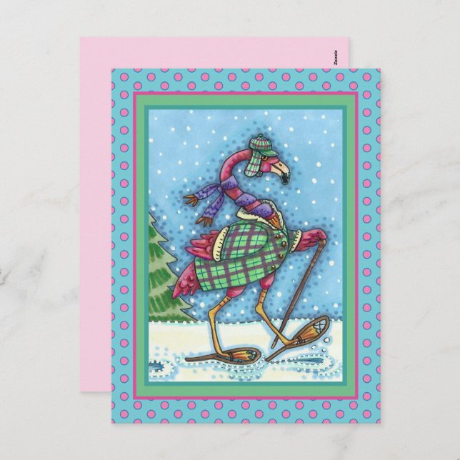 CARTES POUR FÊTES ANNUELLES HIVER SNOWSHOOWS & COAT PINK FLAMANT ROSE TREKKING (Devant / Derrière)