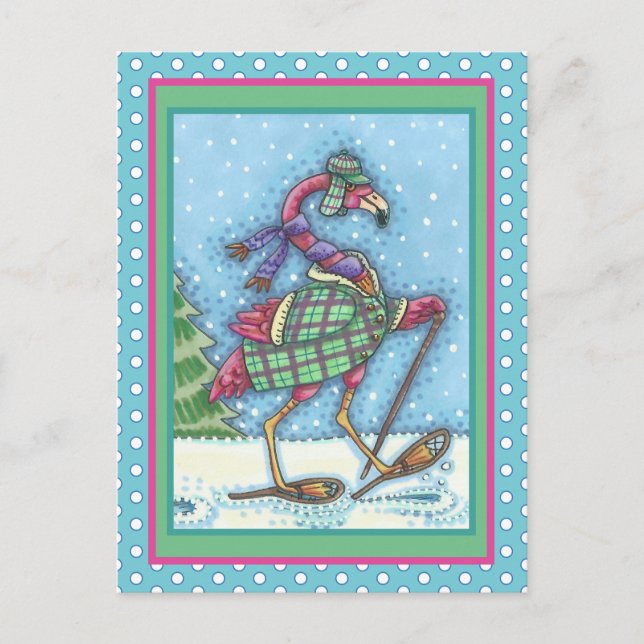 CARTES POUR FÊTES ANNUELLES HIVER SNOWSHOOWS & COAT PINK FLAMANT ROSE TREKKING (Devant)