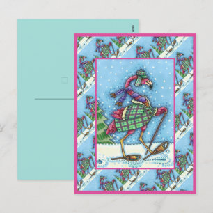 CARTES POUR FÊTES ANNUELLES HIVER SNOWSHOOWS & COAT PINK FLAMANT ROSE TREKKING