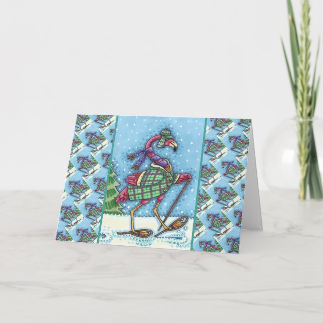 CARTES POUR FÊTES ANNUELLES HIVER SNOWSHOOWS & COAT PINK FLAMANT ROSE TREKKING (Devant)