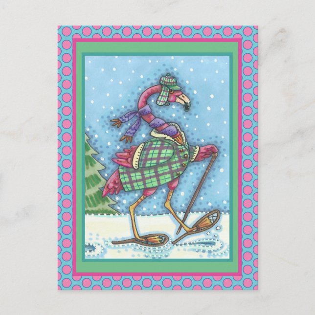 CARTES POUR FÊTES ANNUELLES HIVER SNOWSHOOWS & COAT PINK FLAMANT ROSE TREKKING (Devant)