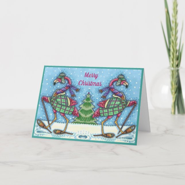 CARTES POUR FÊTES ANNUELLES HIVER SNOWSHOOWS & COAT PINK FLAMANT ROSE TREKKING (Devant)