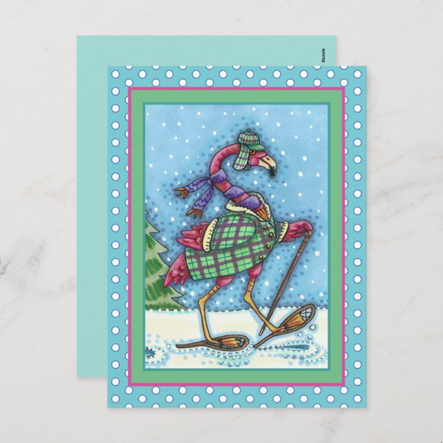 CARTES POUR FÊTES ANNUELLES HIVER SNOWSHOOWS & COAT PINK FLAMANT ROSE TREKKING (Devant / Derrière)