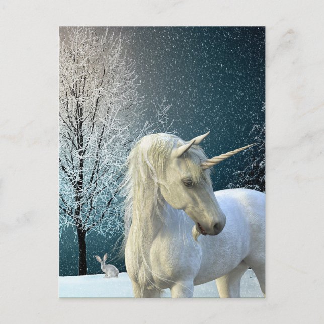 Cartes Pour Fêtes Annuelles Hiver Unicorne Belle neige Lieu de vacances (Devant)