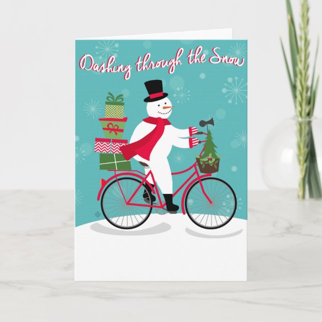 Cartes Pour Fêtes Annuelles Hiver Whimisky bonhomme de neige sur vélo (Devant)
