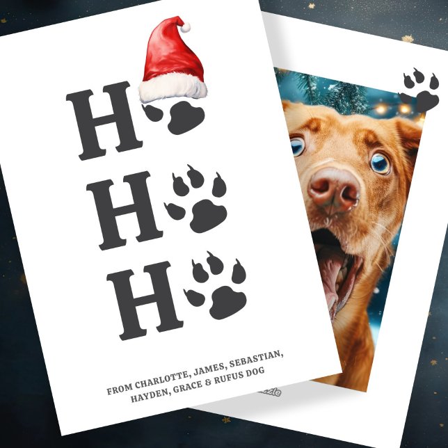Cartes Pour Fêtes Annuelles Ho Ho Ho Christmas Chien Paw Personnalisé (Ho Ho Ho Christmas Dog Paw Personalized Holiday Card by Ricaso. Fun pet themed with Santa Hat detail)
