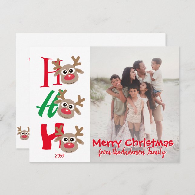 Cartes Pour Fêtes Annuelles Ho Ho Ho Merry Christmas Reindeer Family Photo (Devant / Derrière)