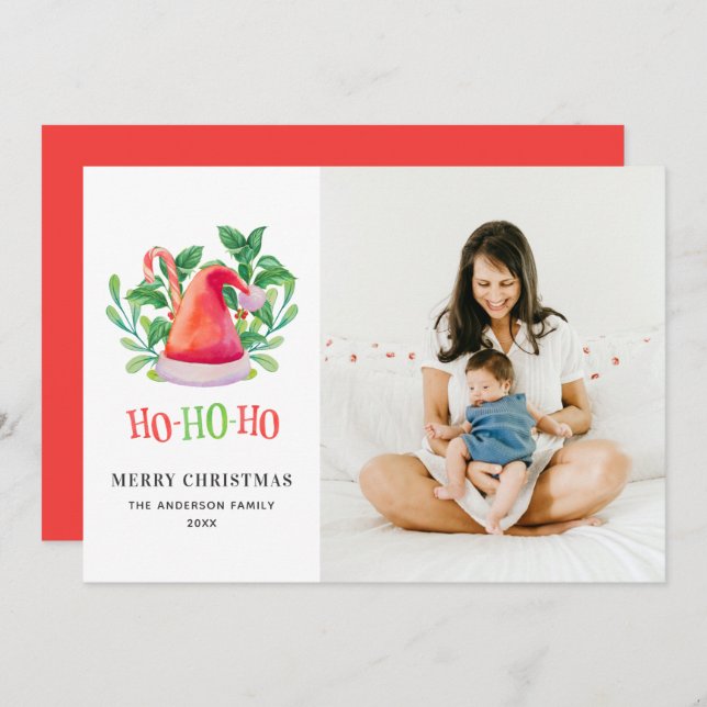 Cartes Pour Fêtes Annuelles Ho Ho Ho. Noël aquarelle fleuri. Père Noël (Devant / Derrière)