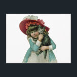 Cartes Pour Fêtes Annuelles Holding a Christmas Kitten<br><div class="desc">Victorian inspired girl wearing a large pink bonnet and holding a gray kitten.</div>