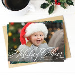 Cartes Pour Fêtes Annuelles Holiday cheer simple elegant photo Christmas card<br><div class="desc">"Holiday Cheer" in elegant script sits atop of a single horizontalement photo. This classic card is the perfect way to send Christmas greetings to friends and family. La back est solide,  hunter green plaid</div>