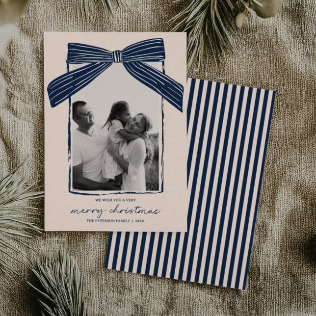 Cartes Pour Fêtes Annuelles Holiday Family Photo Card Christmas Bow Stripe (Créateur téléchargé)