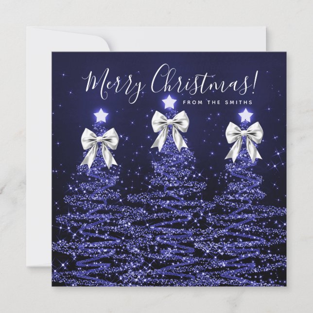 Cartes Pour Fêtes Annuelles Holiday Navy Blue Christmas Trees Greeting Silver  (Devant)
