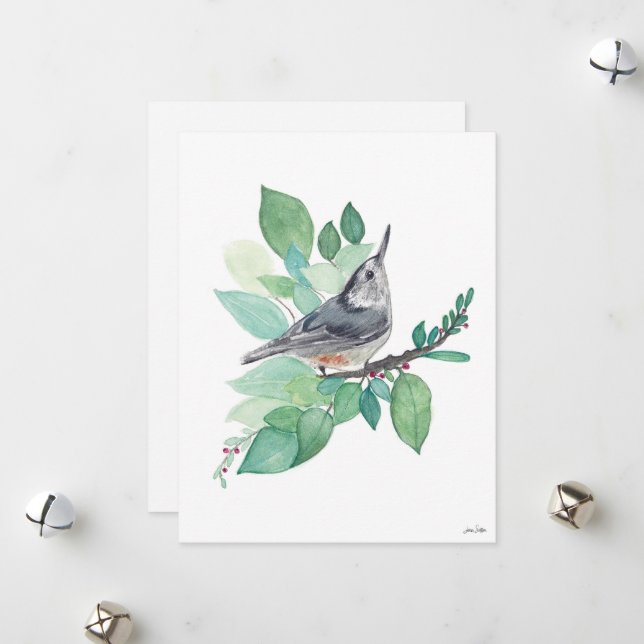 Cartes Pour Fêtes Annuelles Holiday Nuthatch Bird (Devant/Arrière en situation)