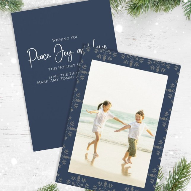 Cartes Pour Fêtes Annuelles Holiday Peace Jove Love Elegant Snowflakes 1 Photo (Christmas holiday simple peace, joy, and love navy blue photo card. )