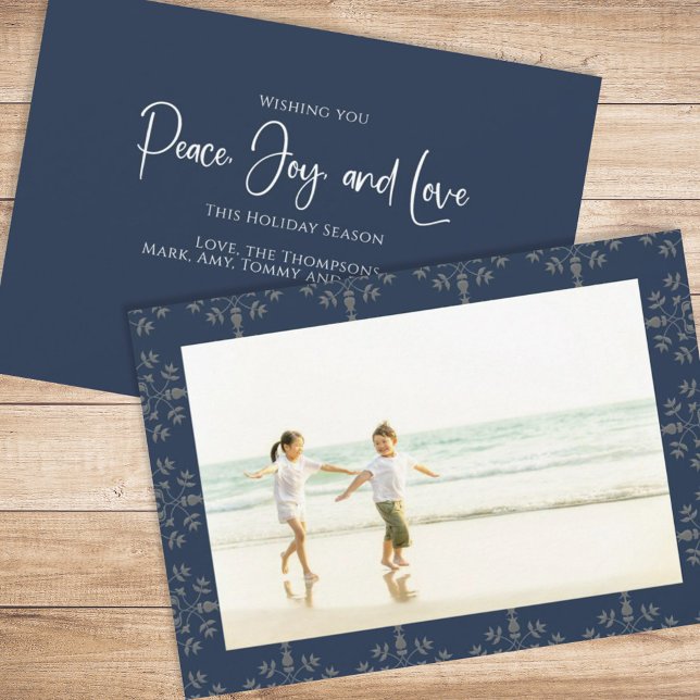 Cartes Pour Fêtes Annuelles Holiday Peace Jove Love Elegant Snowflakes 1 Photo (Christmas holiday simple peace, joy, and love navy blue photo card. )