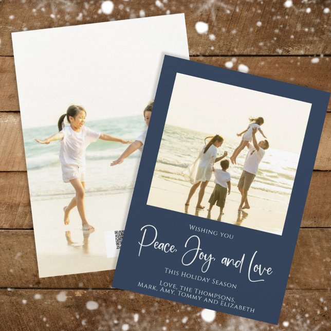 Cartes Pour Fêtes Annuelles Holiday Peace Jove Love Elegant Snowflakes 2 Photo (Christmas holiday simple peace, joy, and love navy blue photo card. )
