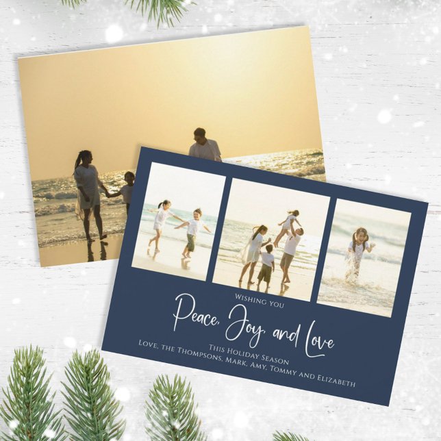 Cartes Pour Fêtes Annuelles Holiday Peace Jove Love Elegant Snowflakes 4 Photo (Christmas holiday simple peace, joy, and love navy blue photo card. )