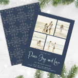 Cartes Pour Fêtes Annuelles Holiday Peace Joy Love Elegant Snowflakes 4 Photo<br><div class="desc">Classic and Simple yet elegant navy blue snowflake pattern, this design is completely editable. With calligraphy script. This festive, elegant, and unique multi-photo Christmas photo card template is a 4 photo layout. Celebrate with this unique holiday and festive Christmas card. This design features Christmas holiday multi photo collage, navy blue...</div>
