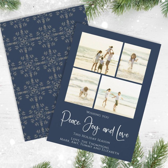 Cartes Pour Fêtes Annuelles Holiday Peace Joy Love Elegant Snowflakes 4 Photo (Christmas holiday simple peace, joy, and love navy blue photo card. )