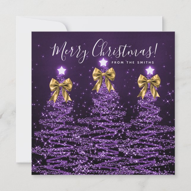 Cartes Pour Fêtes Annuelles Holiday Purple Christmas Trees Greeting Gold  (Devant)