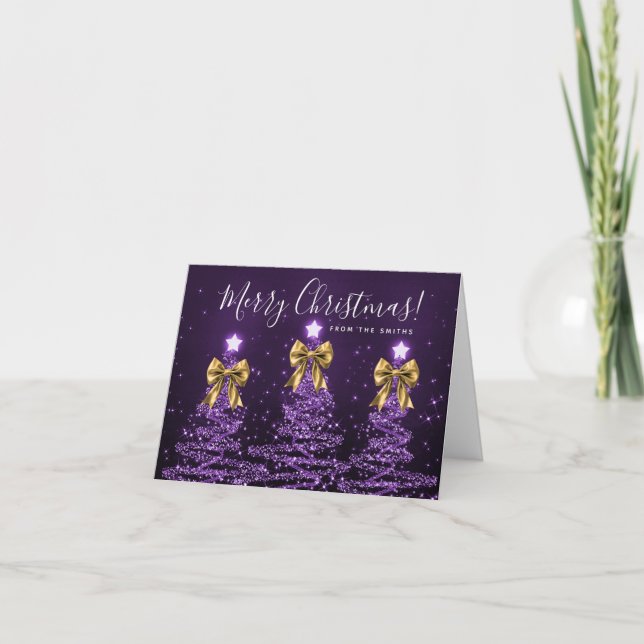 Cartes Pour Fêtes Annuelles Holiday Purple Christmas Trees Greeting Gold  (Devant)