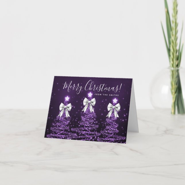 Cartes Pour Fêtes Annuelles Holiday Purple Christmas Trees Greeting Silver  (Devant)