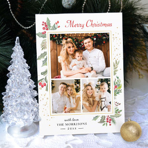 Cartes Pour Fêtes Annuelles Holly Berries Elegant Chic Joyeux Noël 3 Photo