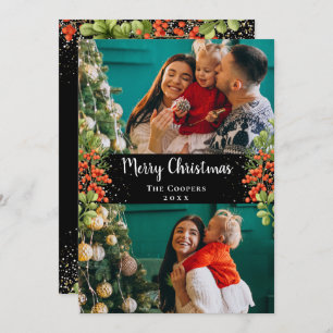 Cartes Pour Fêtes Annuelles Holly Berries Gold Parties scintillant Joyeux Noël