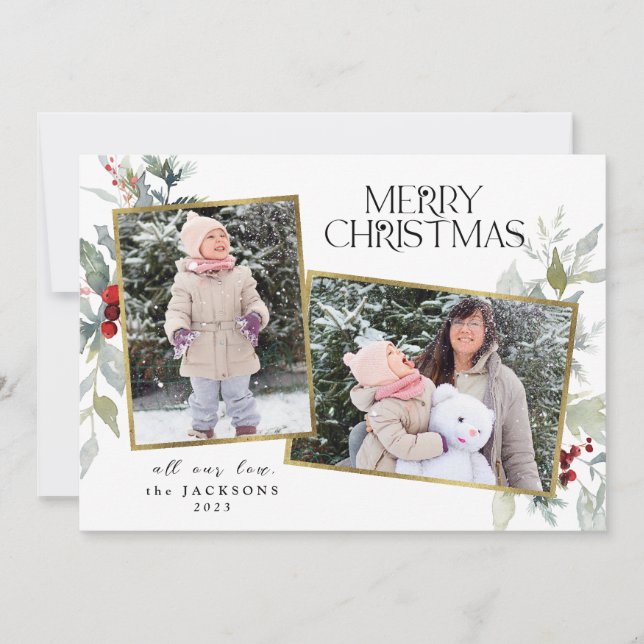 Cartes Pour Fêtes Annuelles Holly Berries Joyeux Noël 2 Photo Collage (Devant)