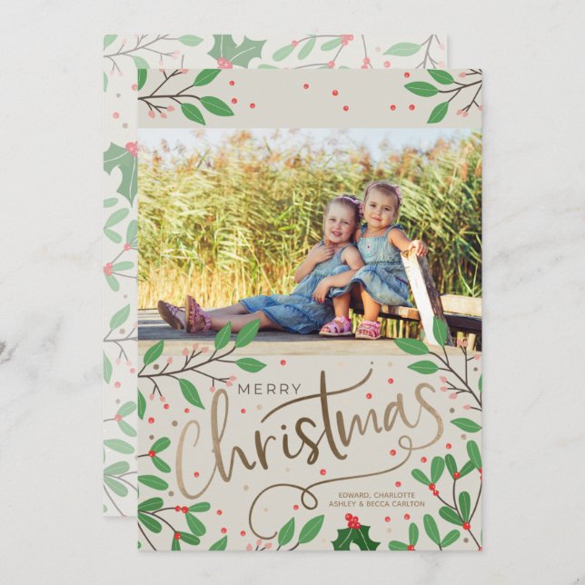 Cartes Pour Fêtes Annuelles Holly Berries Joyeux Noël Photo (Devant / Derrière)
