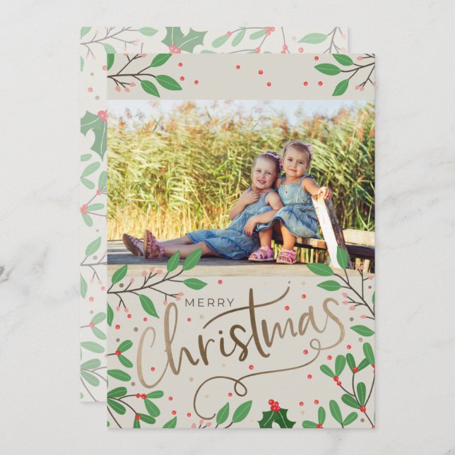 Cartes Pour Fêtes Annuelles Holly Berries Joyeux Noël Photo (Devant / Derrière)