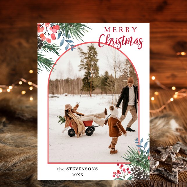 Cartes Pour Fêtes Annuelles Holly Berries Merry Christmas Chic Arch Photo (Créateur téléchargé)