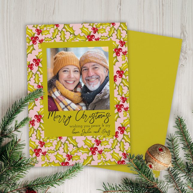 Cartes Pour Fêtes Annuelles Holly Berries Whimsical Classic 1 Photo Noël (Créateur téléchargé)