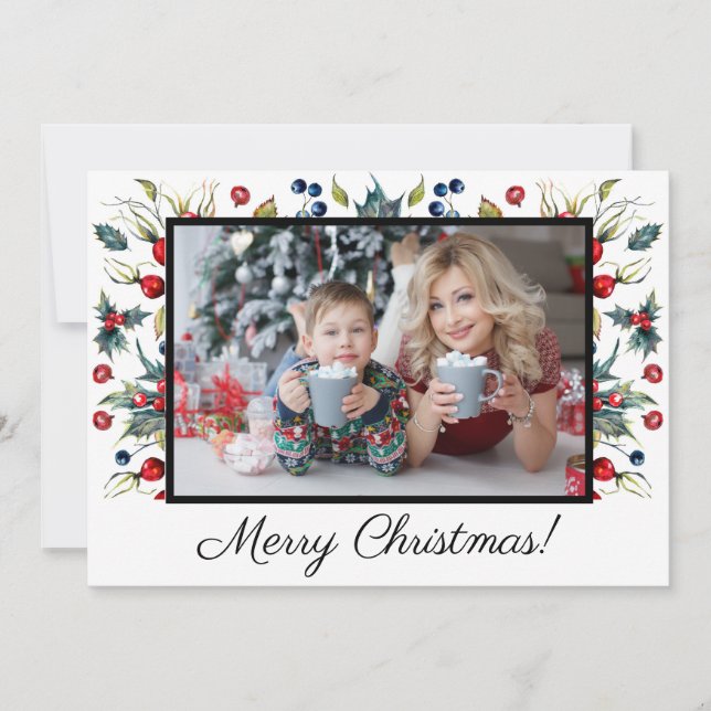 Cartes Pour Fêtes Annuelles Holly Berries White Merry Christmas Photo Greg (Devant)