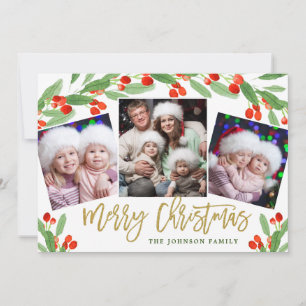 Cartes Pour Fêtes Annuelles Holly Berry Branch 3 PHOTO Noël Salutation