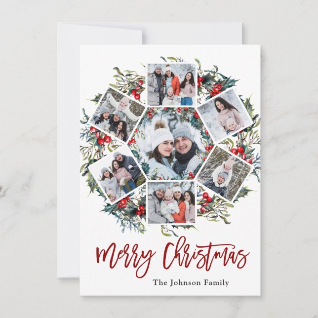 Cartes Pour Fêtes Annuelles Holly Berry Christmas Wreath 7 PHOTO Salutation (Devant)