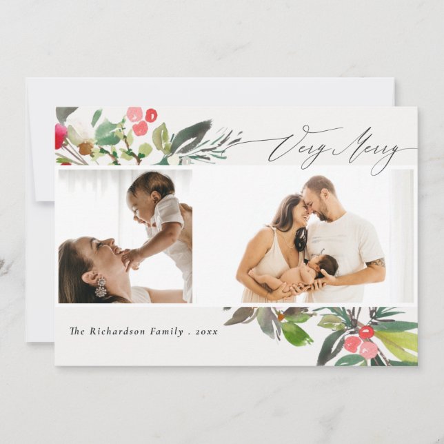 Cartes Pour Fêtes Annuelles Holly Berry Pine Très Joyeux Noël 2 Photo (Devant)