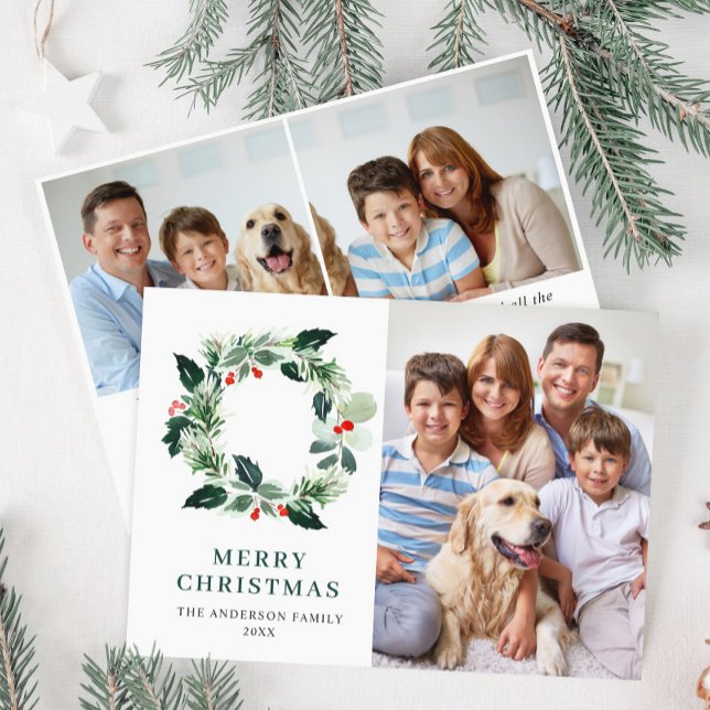 Cartes Pour Fêtes Annuelles Holly Berry Wreath Noël Salutation 3 PHOTO (Créateur téléchargé)