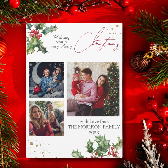 Cartes Pour Fêtes Annuelles Holly Branches Photo de Noël moderne (Créateur téléchargé)